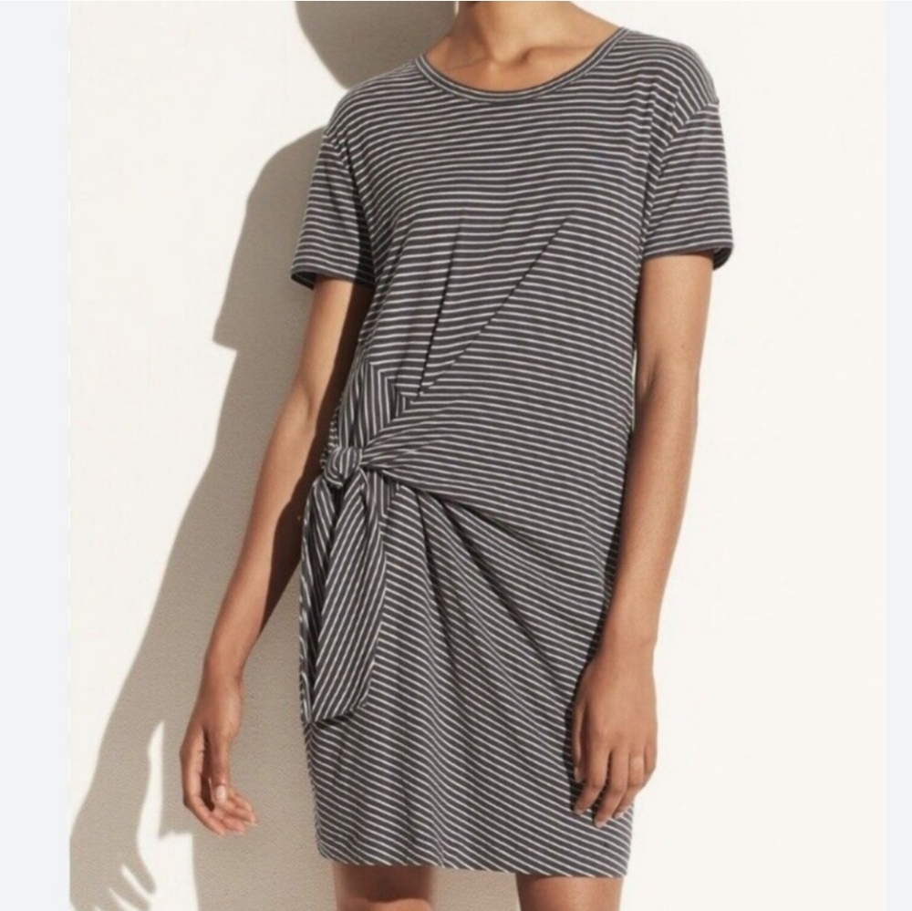 Vince Side Tie Striped Cotton Dress Gray Size Large